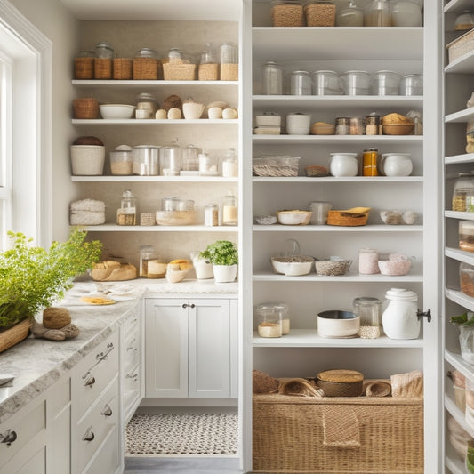 A bright, airy pantry with sleek white shelves, adorned with stylish organization tags in pastel hues, holding jars of artisanal spices and gourmet food, surrounded by warm, natural light.