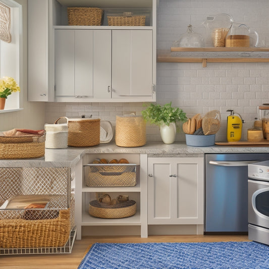 A clutter-free kitchen counter with a stainless steel utensil organizer, a tiered stand holding three woven baskets, and a compact appliance garage with a retractable door.