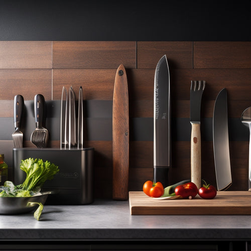 A sleek, modern kitchen showcasing an elegant magnetic knife holder mounted on a dark wood wall, displaying a set of professional stainless steel knives, with a pristine countertop and culinary tools in the background.