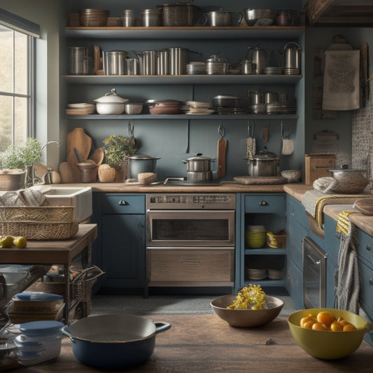 A cluttered kitchen island with pots, pans, utensils, and cookbooks scattered on its surface, with a few drawers and cabinets partially open, revealing disorganized contents, amidst a backdrop of a busy kitchen.