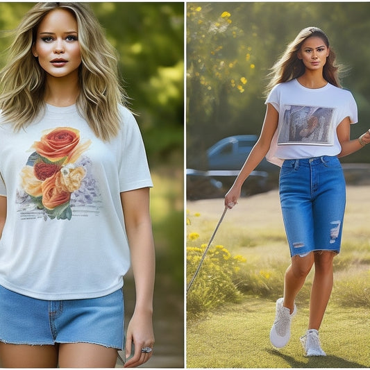 A split-screen image featuring Jennifer Lawrence on one side, wearing a baggy graphic tee and ripped jeans, and on the other side, the same graphic tee tailored to perfection, paired with a flowy skirt, à la Zendaya's style.