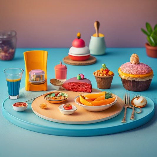 A whimsical illustration of a miniature food cafe setup, featuring a tiny wooden table, two small chairs, and a variety of colorful, bite-sized food items arranged artfully on tiny plates and utensils.