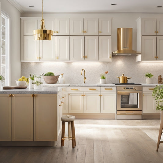 A serene kitchen with soft, golden lighting, featuring a spacious island with built-in drawers, a utensil organizer on the wall, and a sleek, handle-free cabinet system with subtle LED lighting.