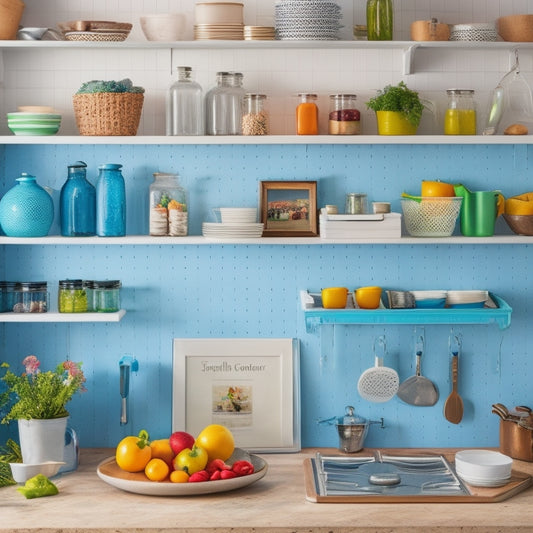 A bright, modern kitchen with open shelves, a pegboard, and a tablet mounted on the wall, displaying a digital recipe book, surrounded by neatly organized utensils, jars, and cookbooks.