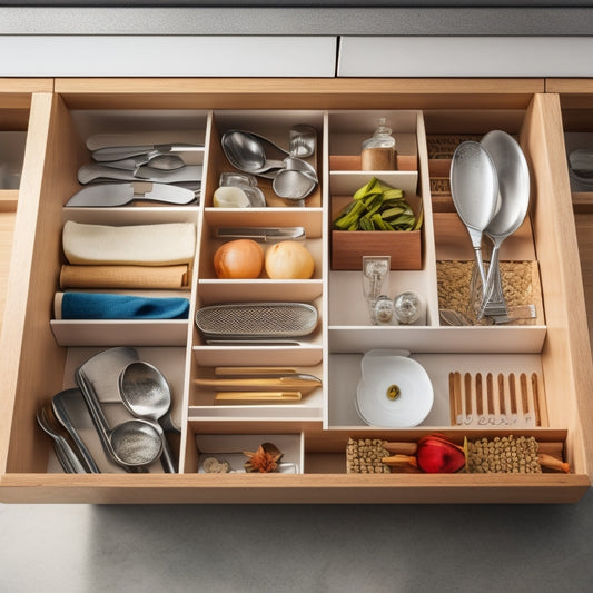 A neatly organized kitchen drawer filled with labeled compartments, showcasing utensils, measuring spoons, and spices, all arranged by size and color, with a soft-focus background of a bright, airy kitchen.