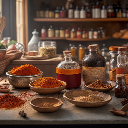 A cluttered kitchen countertop with scattered spice bottles in various sizes, shapes, and conditions, surrounded by messy recipe cards and utensils, with a few spices spilling out.