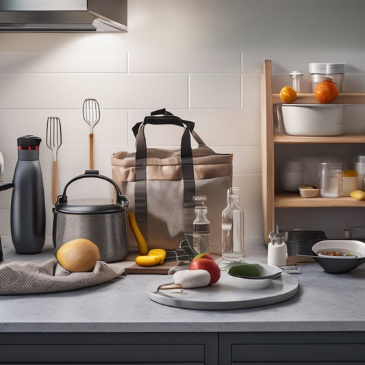 A tidy kitchen counter with a sleek, modern laser-cut storage bag holder in the center, holding various sizes of storage bags, surrounded by neatly arranged kitchen utensils and appliances.