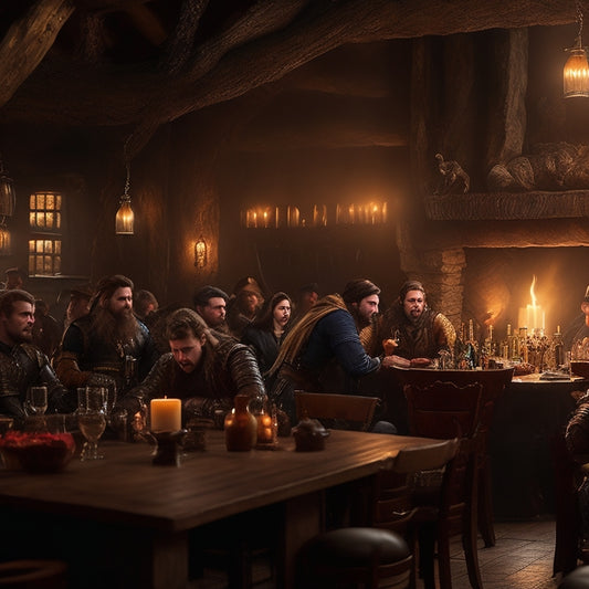 A warm, golden-lit tavern scene with a large stone fireplace, wooden tables, and a bustling crowd of fantasy characters, surrounded by shelves of leather-bound tomes and dice-filled tables.
