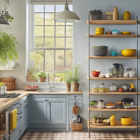 A bright, modern kitchen with sleek tiered racks holding colorful spices, fresh herbs, and neatly arranged dishware, showcasing an organized, efficient space. Soft natural light filters through a window, illuminating the vibrant colors.