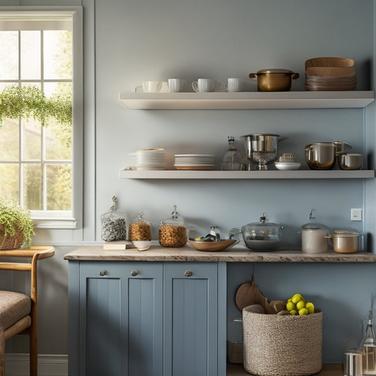 A cozy kitchen corner featuring sleek, adjustable shelf inserts in a wooden cabinet. Brightly colored dishes and jars are neatly organized, with soft natural light illuminating the space, showcasing the functionality and elegance of the design.