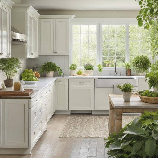 A serene kitchen with cream-colored cabinets, a stainless steel refrigerator, and a large island with a built-in sink, surrounded by lush green plants and a few allergy-friendly cookbooks on the counter.