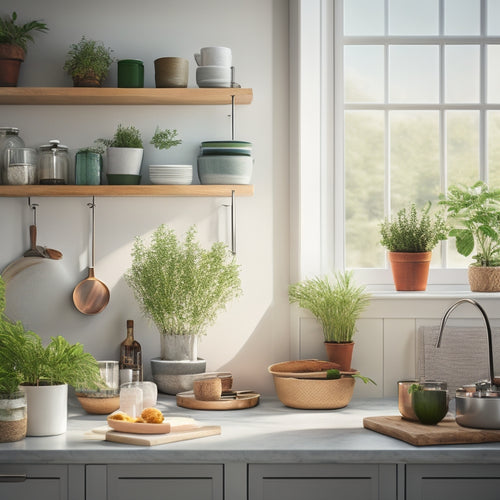 A cozy, modern kitchen showcasing sleek foldable shelves brimming with vibrant kitchenware, potted herbs, and minimalist decor, with sunlight streaming through a window, highlighting the efficient use of small space.