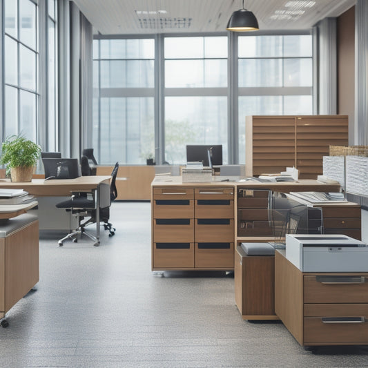 A modern office space with a variety of file cabinets in different styles, materials, and sizes, arranged artfully in the foreground, against a blurred background of a bustling office environment.