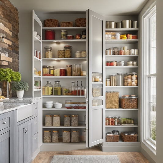 A modern kitchen pantry showcasing sleek, affordable pull-out shelves filled with neatly organized spices, canned goods, and snacks, illuminated by warm, natural light filtering through a window, creating an inviting and efficient space.