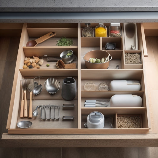 A beautifully arranged kitchen drawer filled with various organizers: bamboo dividers, stackable containers, and utensil trays, showcasing neatly arranged utensils, spices, and kitchen tools, all set against a clean, modern cabinetry backdrop.