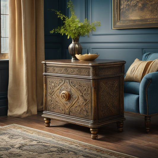 A distressed, ornate antique cabinet with carved wooden legs, refurbished into a sleek coffee table, adorned with metallic hardware, and topped with a rich, dark-wood finish, amidst a modern living room.