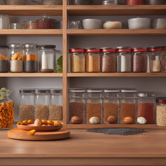 A beautifully organized kitchen featuring a stylish, modern lazy Susan cabinet with vibrant spices, sleek glass jars, and colorful condiments, surrounded by warm wooden cabinets and soft, ambient lighting.