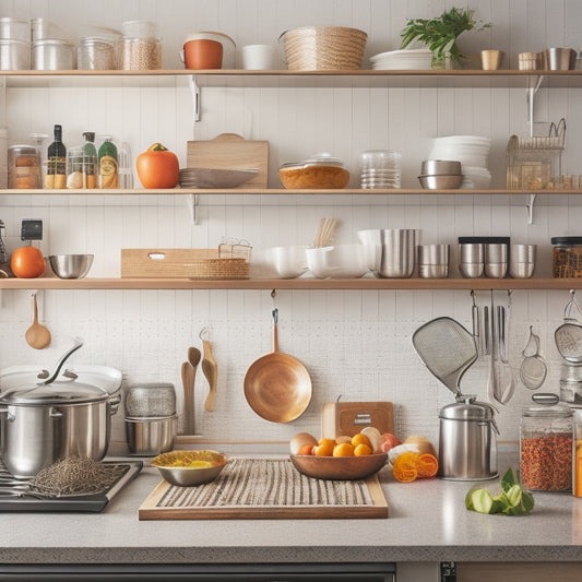 A bright, modern kitchen with a stainless steel island, utensils hung from a pegboard, and a tidy row of labeled spice jars, surrounded by a few strategically placed cookbooks and a single, perfectly placed chef's hat.