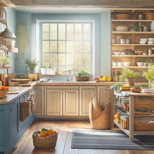 A cozy kitchen scene featuring a compact island with open shelves, pull-out drawers, colorful baskets, and hanging pots. Sunlight streams through a window, illuminating organized spices and utensils, maximizing storage in a small space.