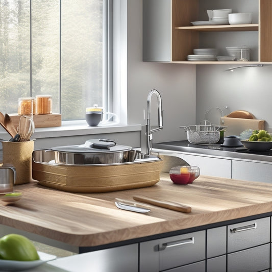 A sleek, modern kitchen featuring various top-rated dish drainers: stainless steel, bamboo, and plastic options. Highlight organized dishes, drying utensils, and vibrant dishware, with soft natural light illuminating the efficient storage designs.