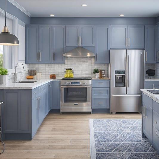 A modern kitchen with sleek, grey cabinets, quartz countertops, and stainless steel appliances, surrounded by a subtle grid pattern, with a 3D floor plan and design elements floating above it.