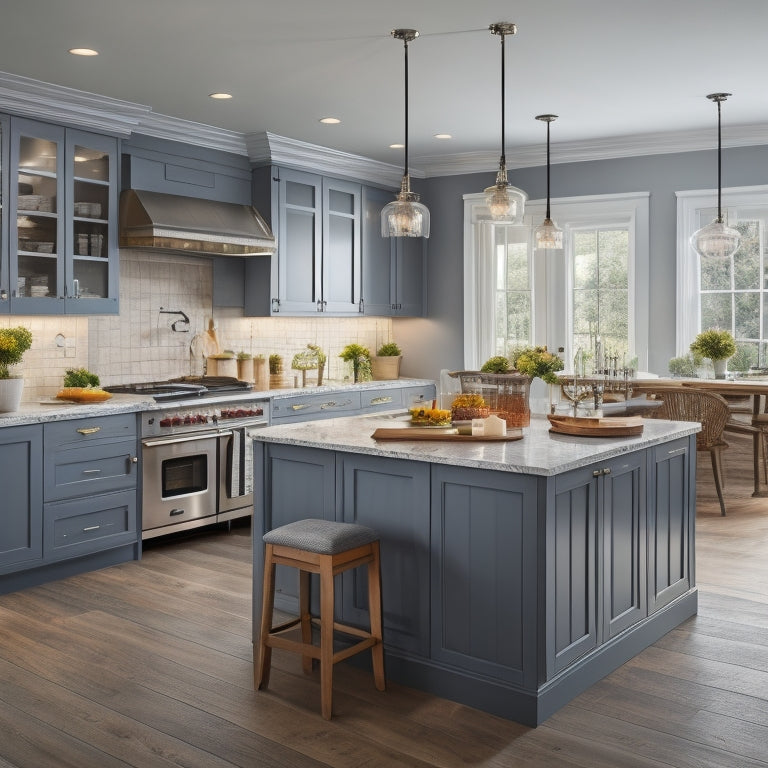 An open-plan kitchen with a U-shaped countertop, wide walkways, and a large island with a sink, surrounded by warm lighting, and featuring a mix of cabinets and drawers in a calming color scheme.