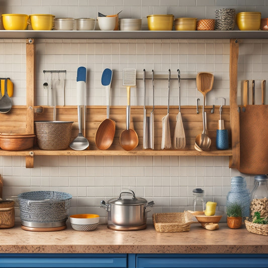 A tidy kitchen countertop with a mix of utensil holders, a wooden utensil organizer with slots, a utensil crock, and a wall-mounted magnetic board, all showcasing organized kitchen tools and gadgets.