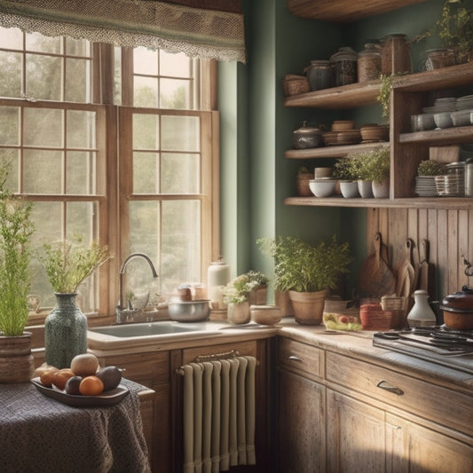 A cozy vintage kitchen with wooden cabinets, showcasing adjustable shelf inserts filled with colorful dishware, jars, and potted herbs, illuminated by soft, natural light streaming through a window adorned with lace curtains.