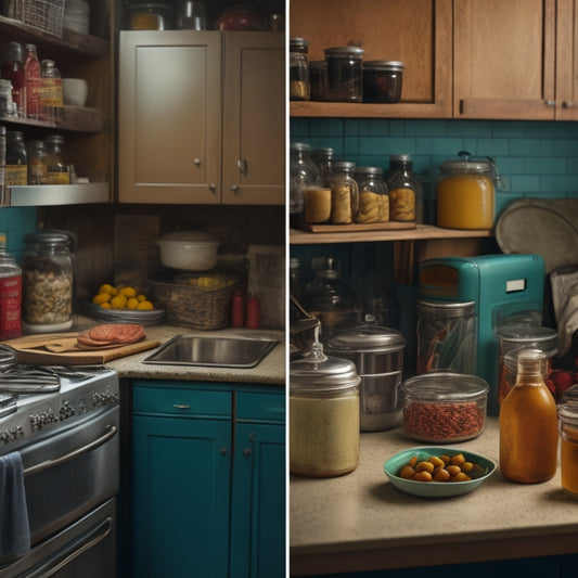 A split-screen image: a cluttered kitchen with expired cans and moldy leftovers on one side, and a tidy kitchen with labeled containers and a clean refrigerator on the other.
