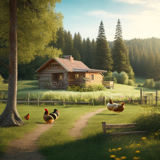 A serene countryside homestead scene with a rustic wooden cabin, lush green garden, and a few chickens roaming free, surrounded by lush trees and a sunny blue sky.