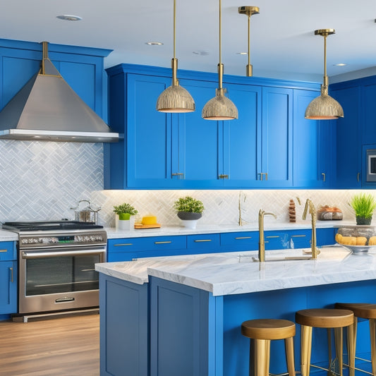 A bright, modern kitchen with refaced cabinets featuring bold, geometric patterns, mixed metallic hardware, and a statement light fixture above a large, quartz-topped island.