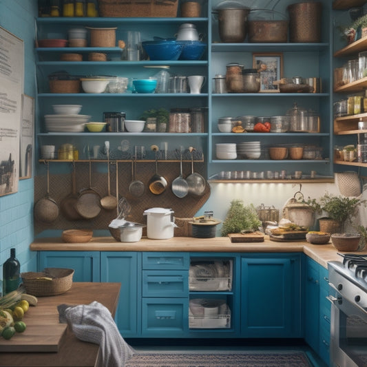 A cluttered compact kitchen with open shelves overflowing with cookbooks, utensils, and appliances, contrasted with a sleek, organized adjacent space featuring a wall-mounted pegboard, slide-out cabinets, and a hidden trash can.