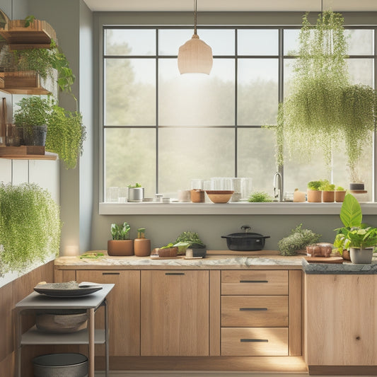 A sleek kitchen featuring elegant wooden foldable shelves, adorned with potted herbs and minimalist kitchenware, surrounded by modern appliances and soft, natural light streaming through a large window, creating a warm, inviting atmosphere.
