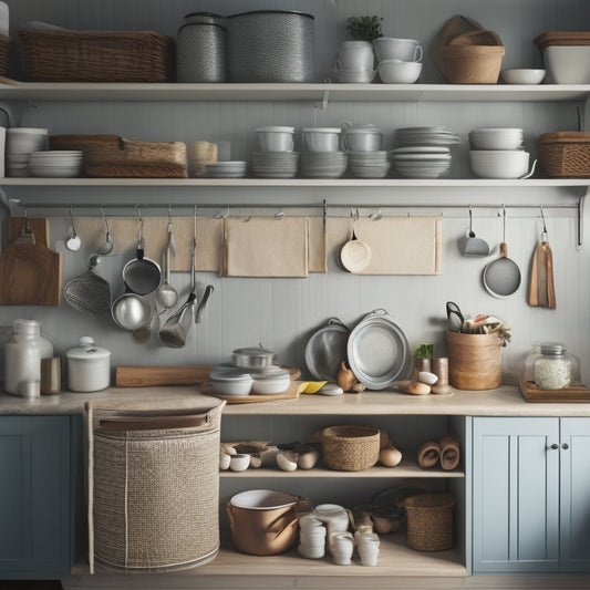 A tidy kitchen with a partially open cabinet door, revealing a stack of nesting baskets, a pegboard with hanging utensils, and a shelf divider separating plates from bowls.