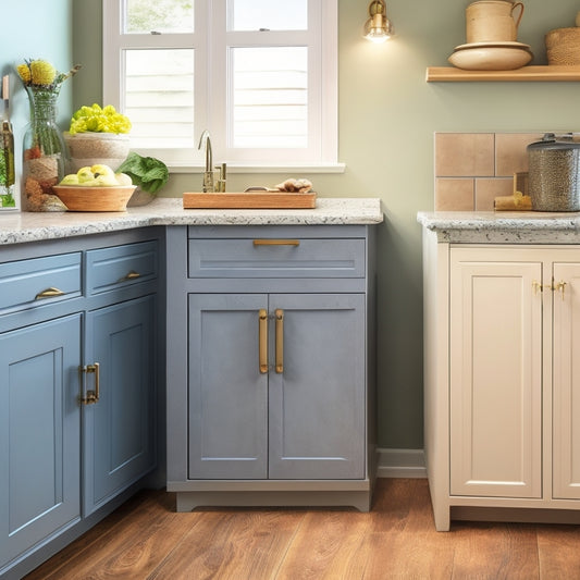 A clutter-free kitchen countertop with three stylish DIY trash cans, each with a unique storage design, such as a slide-out drawer, a cabinet door, and a built-in shelf, in a warm and inviting atmosphere.