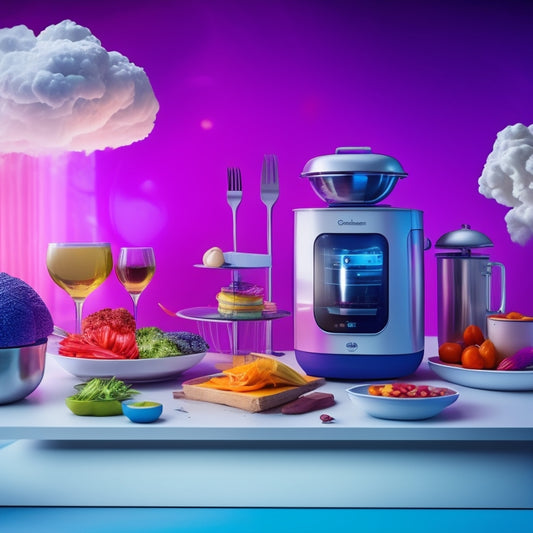 A futuristic kitchen with a sleek, silver 3D food printer at its center, surrounded by vibrant, swirling clouds of colorful ingredients, and a tantalizing, half-printed gourmet meal on a nearby plate.