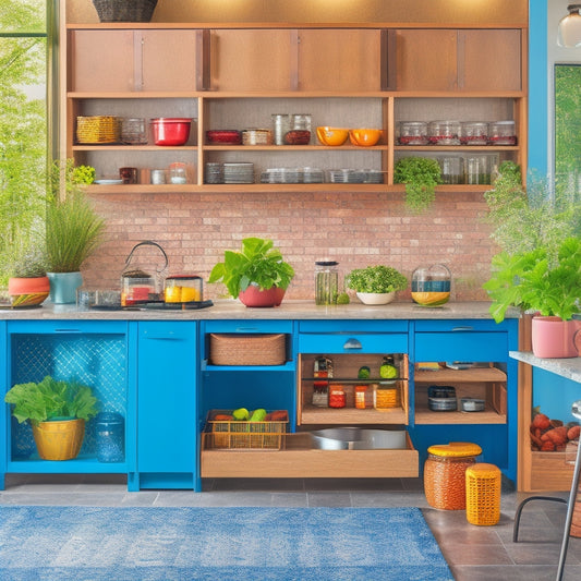 A modern kitchen island featuring innovative storage solutions: sleek pull-out drawers, hanging pot racks, built-in spice racks, and a stylish wine cooler, surrounded by colorful kitchen utensils and fresh herbs in ceramic pots.