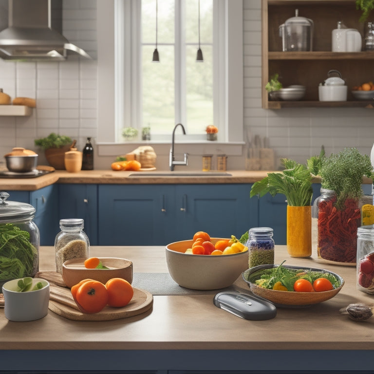 A kitchen countertop with a tidy arrangement of fresh produce, cooking utensils, and a smartphone displaying a kitchen inventory app, surrounded by open cabinets and shelves with labeled jars and containers.