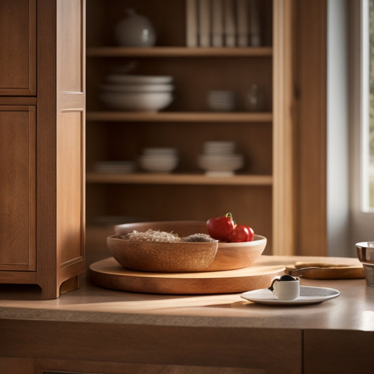 A beautifully crafted wooden Lazy Susan cabinet, featuring sleek, adjustable shelves, surrounded by a warm kitchen ambiance. Soft light filters through nearby windows, highlighting the rich grain and polished finish of the cabinet.