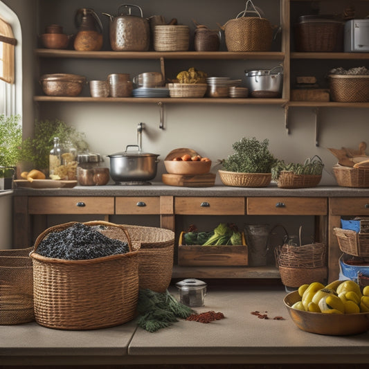 A tidy kitchen with a wooden cart in the center, adorned with metal baskets, wooden crates, and woven bins, showcasing organized utensils, spices, and cookbooks.