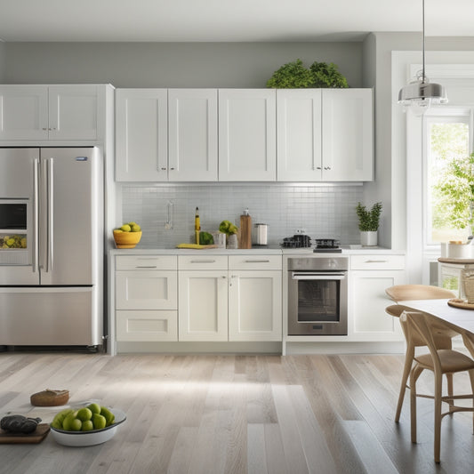A bright, modern kitchen with a minimalist aesthetic, featuring a stainless steel refrigerator, a set of matching white cabinets, and a wooden island with built-in drawers and a cutting board.