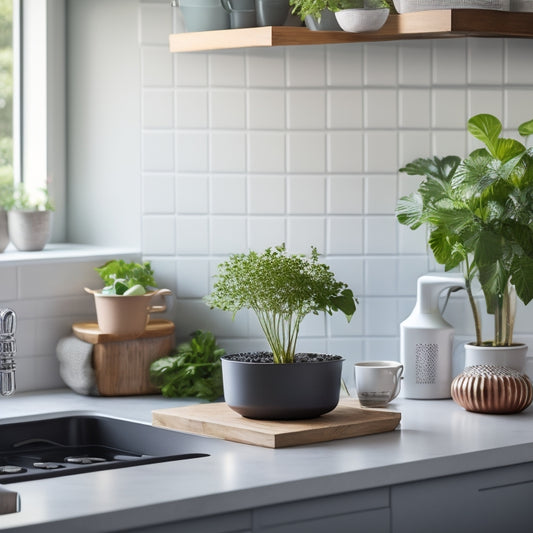 A sleek, modern dish drainer perched on a compact kitchen countertop, showcasing neatly stacked plates, cups, and utensils, surrounded by vibrant kitchen plants and a minimalistic backsplash, emphasizing space efficiency in a cozy culinary environment.