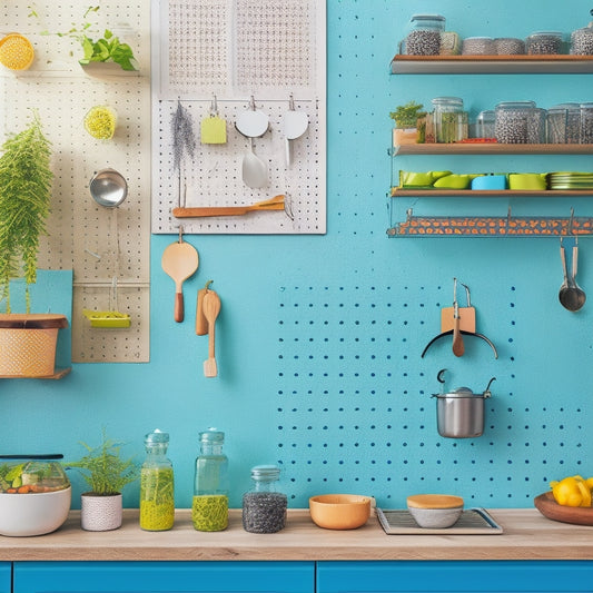 A sleek modern kitchen featuring a vibrant pegboard wall, adorned with colorful kitchen utensils, herbs in pots, and neatly arranged spices. Sunlight streams in, highlighting the organized, minimalist aesthetic of the space.