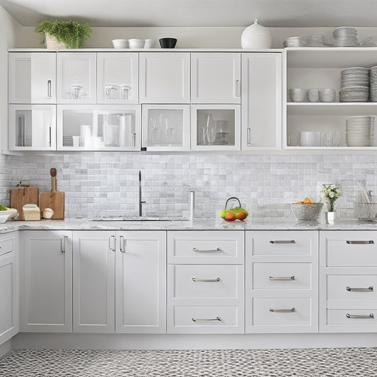 A bright, modern kitchen with sleek, white cabinets, adjustable shelves, and pull-out drawers, featuring a utensil organizer, spice rack, and a trash can with a slide-out recycling bin.