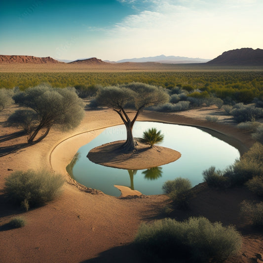 An aerial view of a parched, cracked earth landscape with a withered tree in the foreground, contrasted with a serene, lush oasis in the background, featuring a futuristic, curved water storage facility.
