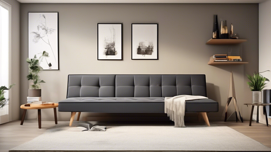 Create an image of a stylish and compact convertible sofa bed in a modern, small living room setting. The sofa bed should showcase both its functionality as a comfortable seating area and its versatility as a bed, demonstrating how it can easily tran