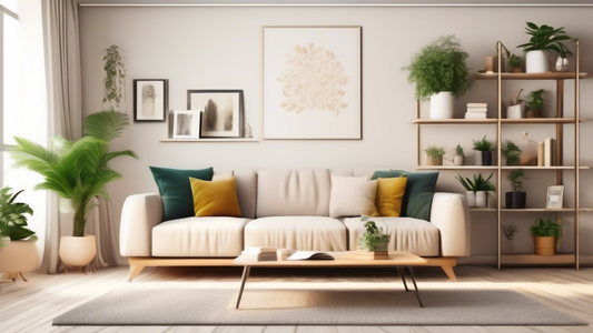 Create an image of a stylish living room with floating shelves adorned with plants, books, and decorative items, showcasing how to maximize space effectively. The shelves should be installed above a minimalist couch and beside a cozy reading nook, pr