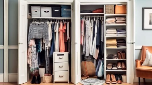 Create an image of a small closet in a cramped space, cluttered with lots of clothes and accessories. Show a step-by-step transformation from chaos to order, with labeled storage solutions, hanging organizers, and neatly folded clothes. Be sure to in
