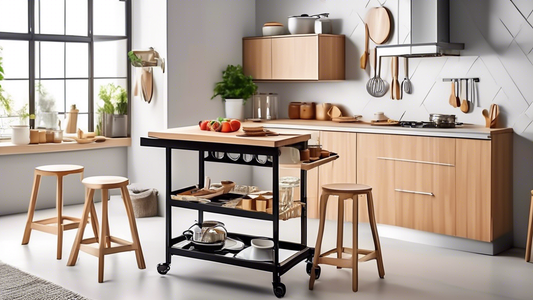 Create an image of a modern kitchen with a sleek and functional foldable kitchen island cart, showcasing different design options to help readers visualize how it can enhance their home. Include features like multiple storage compartments, a drop-lea