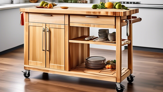 Create an image of a modern kitchen with a stylish rolling kitchen cart featuring a butcher block top. The cart should be sleek and functional, with plenty of storage space and an elegant design that complements the overall aesthetic of the kitchen.